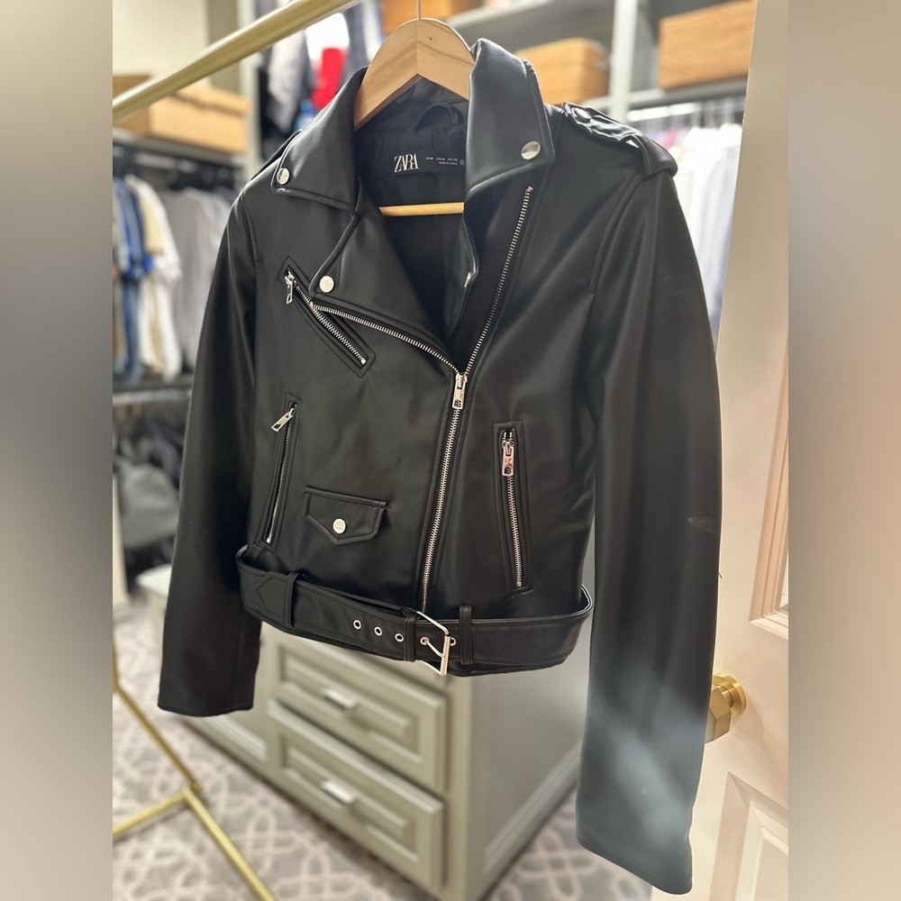 Zara faux black leather moto jacket, size M